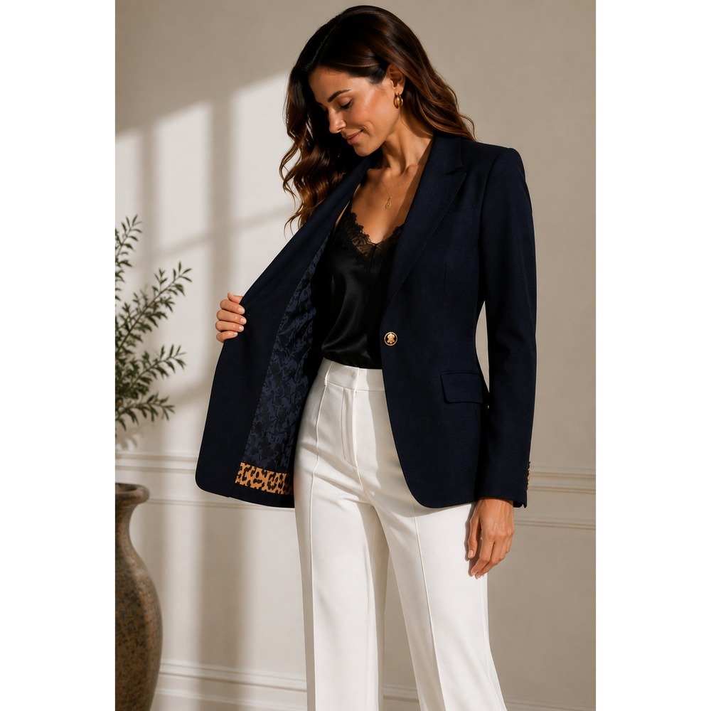 VTG Roberto Cavalli Navy Single Button Wool Blazer Leopard Trim Made in Italy 46